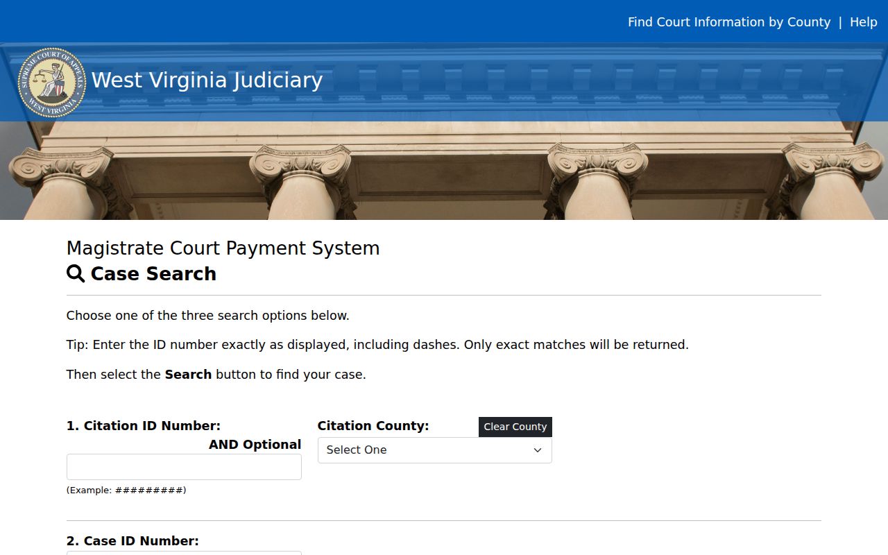 West Virginia Magistrate Court citation and case payment search fields
