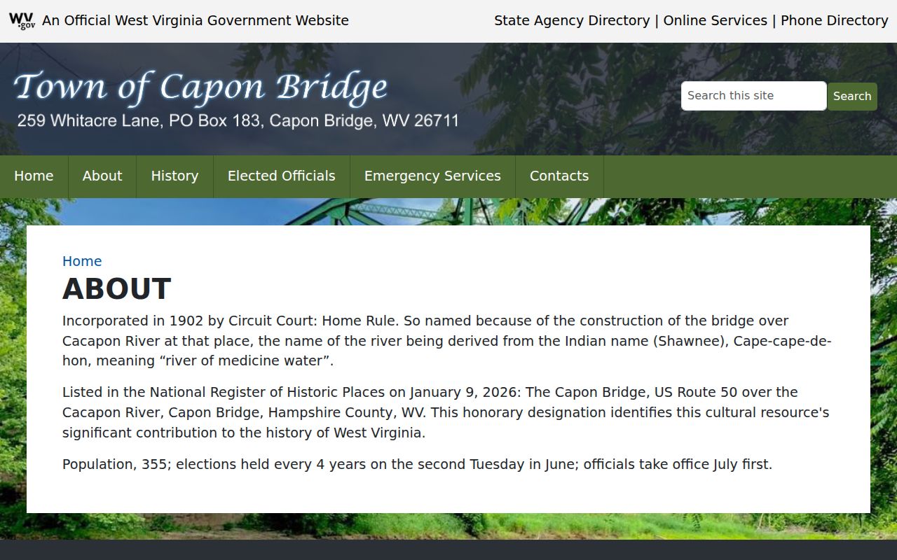 Official Capon Bridge town address and contact information